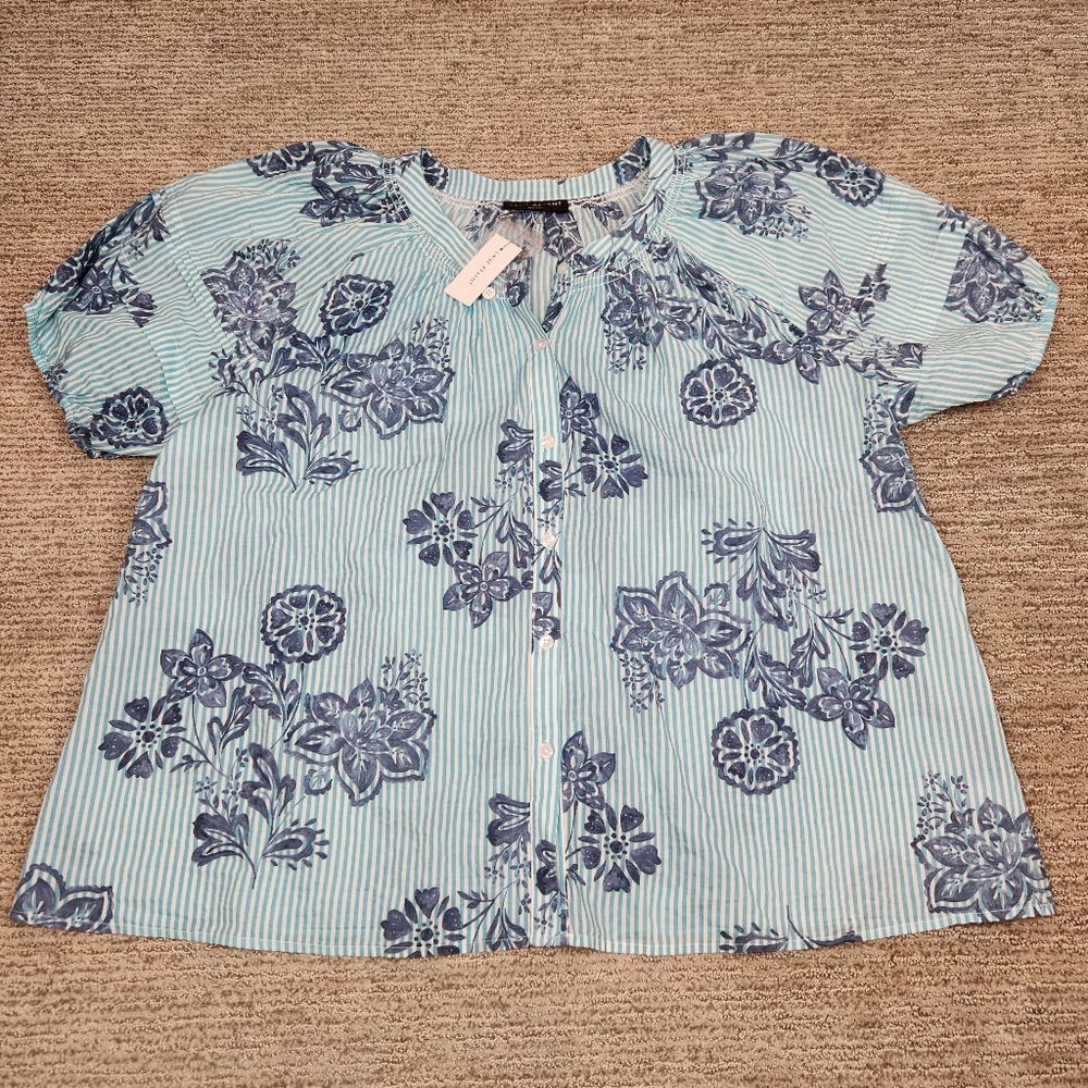 NEW Lane Bryant 14/16 Peasant Button Up Top Blue Floral Stripe Short Sleeve Boxy